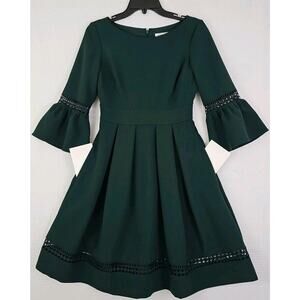 Eliza J~Woman Size 0~Dark Green Fit & Flare 3/4 Sleeve Elegant Dress Fully Lined